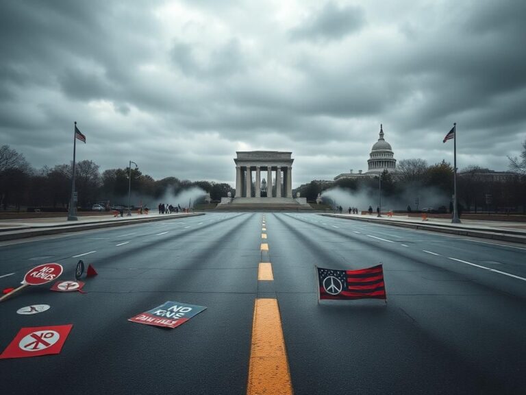 Flick International A dramatic, empty urban street leading to a grand military monument, with protest signs scattered on the ground.