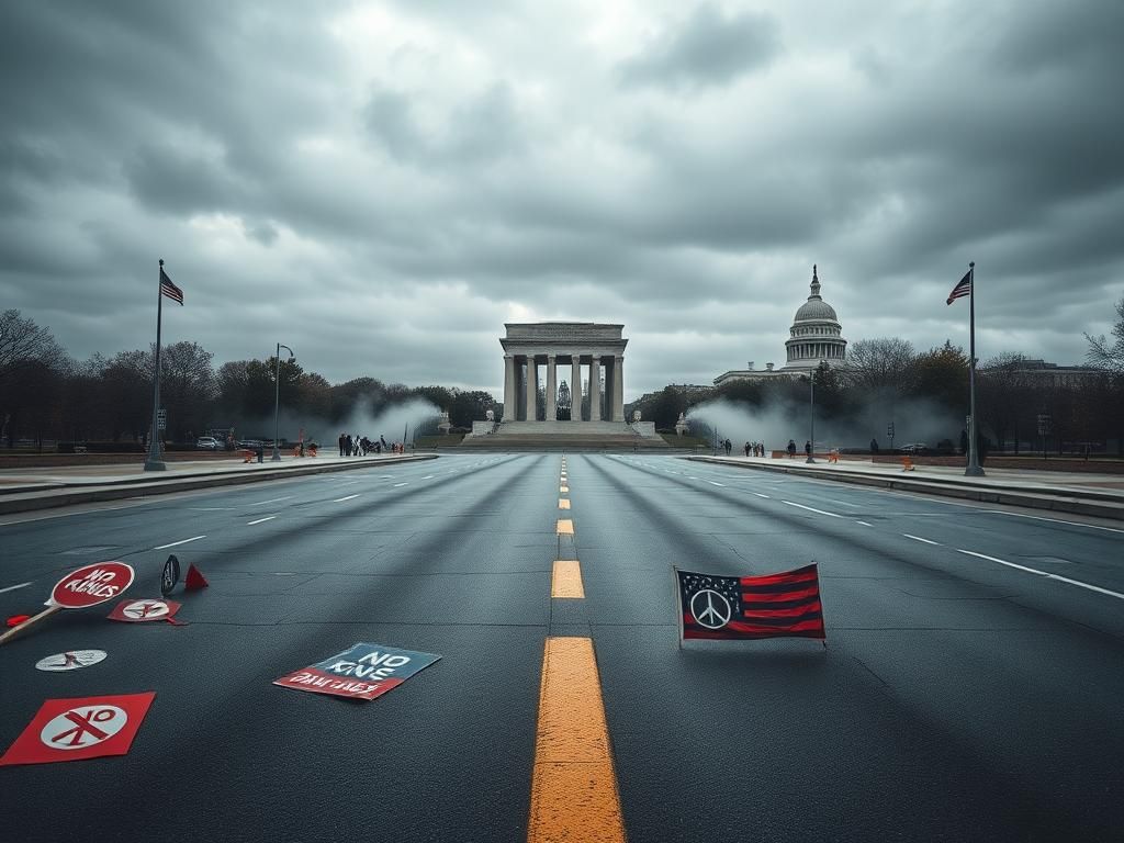 Flick International A dramatic, empty urban street leading to a grand military monument, with protest signs scattered on the ground.
