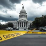 Flick International Texas Capitol building surrounded by security barriers under stormy skies