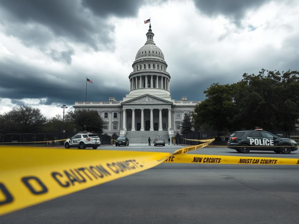 Flick International Texas Capitol building surrounded by security barriers under stormy skies