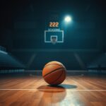 Flick International Dimly lit basketball court with a spotlight on a worn-out basketball symbolizing retirement speculation