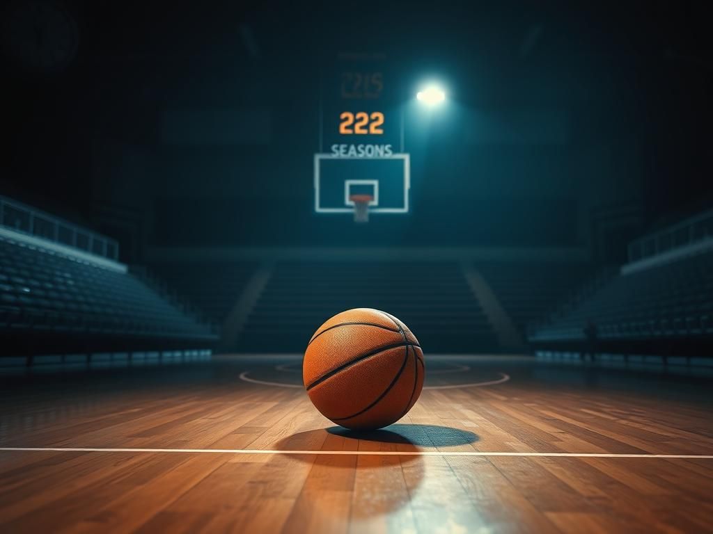 Flick International Dimly lit basketball court with a spotlight on a worn-out basketball symbolizing retirement speculation