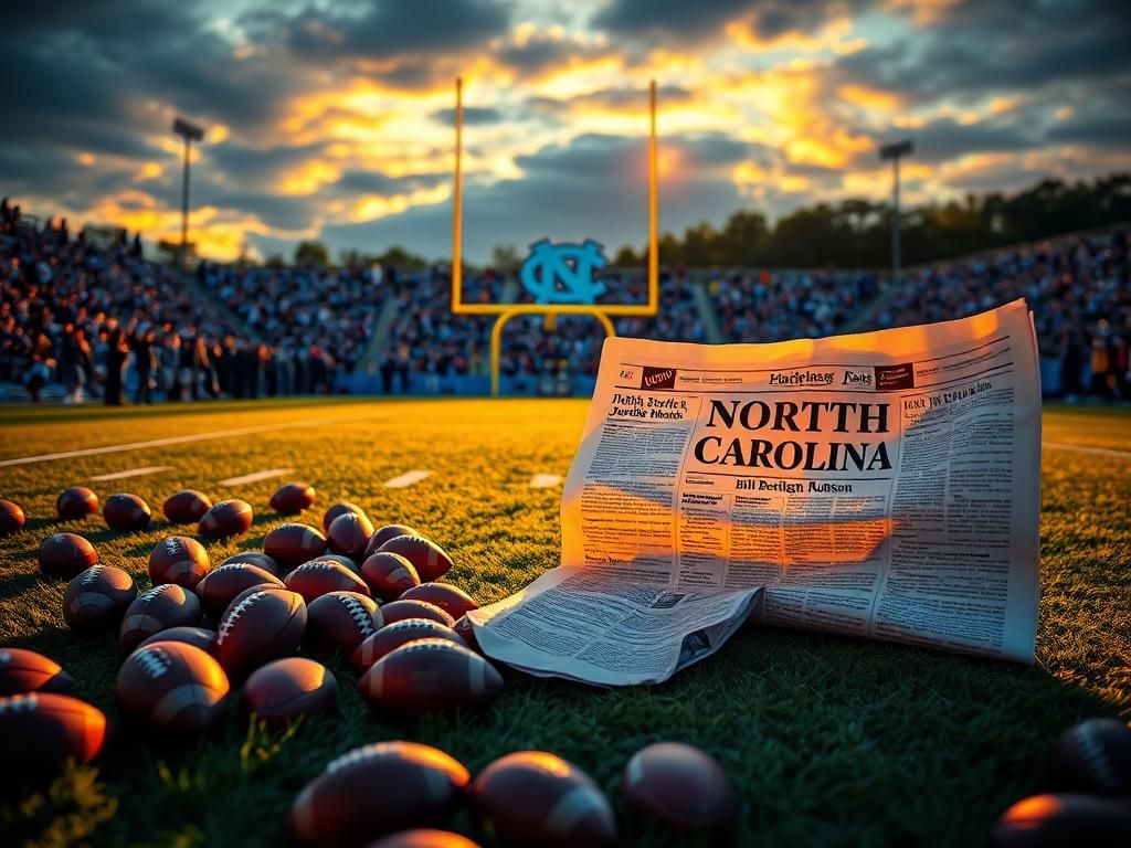 Flick International Vibrant football field in North Carolina at sunset with scattered footballs and crumpled newspaper