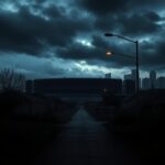 Flick International Dimly lit urban scene depicting a shadowy silhouette of a former football stadium representing the Minnesota Vikings