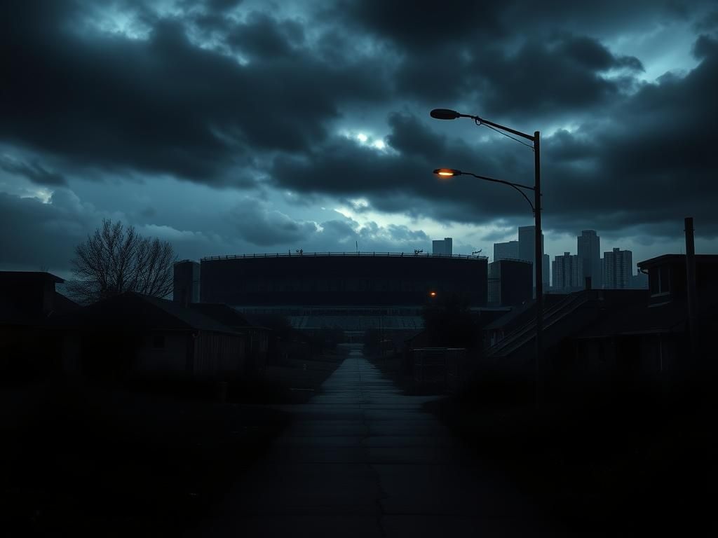 Flick International Dimly lit urban scene depicting a shadowy silhouette of a former football stadium representing the Minnesota Vikings