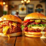 Flick International Two distinct chicken sandwiches on a rustic wooden table, showcasing the Creamy BBQ Chicken Sandwich and the Jalapeño Ranch Club Chicken Sandwich.