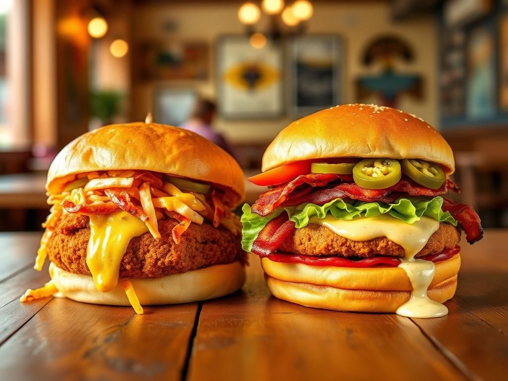 Flick International Two distinct chicken sandwiches on a rustic wooden table, showcasing the Creamy BBQ Chicken Sandwich and the Jalapeño Ranch Club Chicken Sandwich.