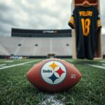 Flick International Close-up of a football on an NFL field with the Pittsburgh Steelers logo under an overcast sky