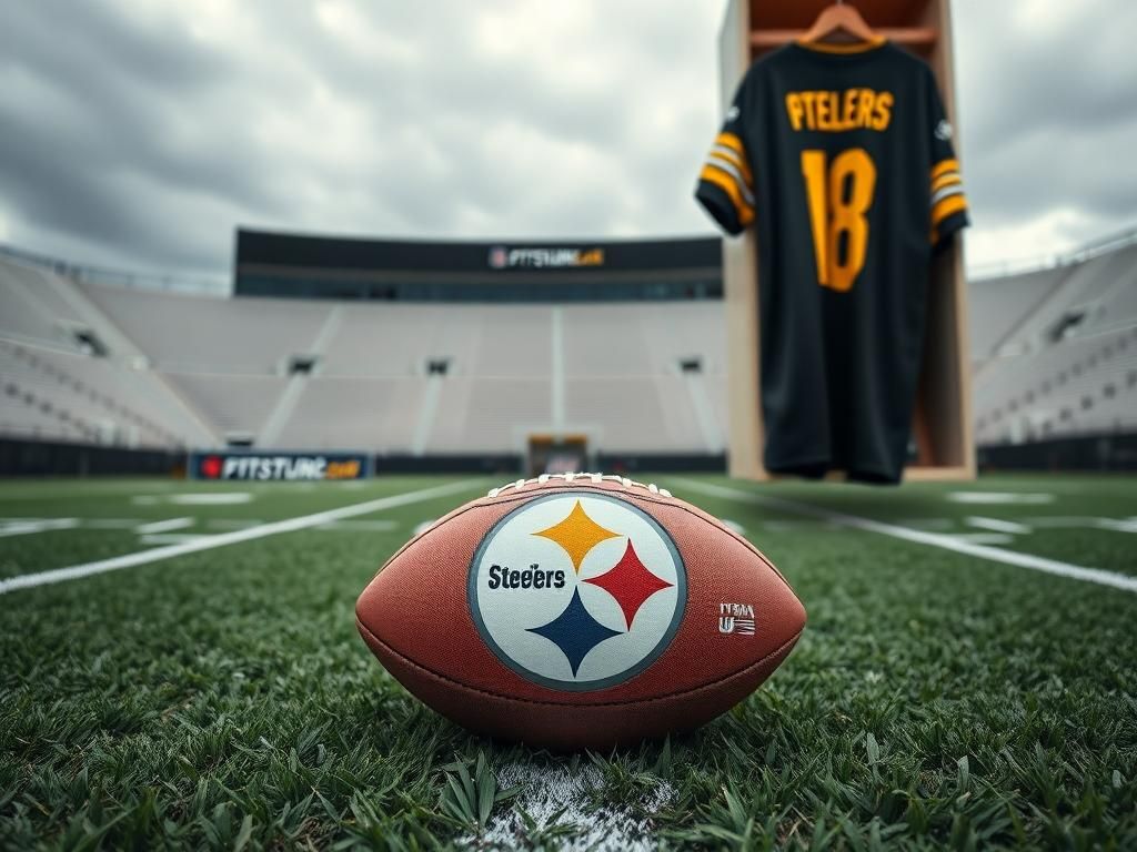 Flick International Close-up of a football on an NFL field with the Pittsburgh Steelers logo under an overcast sky