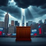 Flick International A stylized representation of the New York City skyline with the Empire State Building and One World Trade Center, featuring an empty podium and political campaign materials.