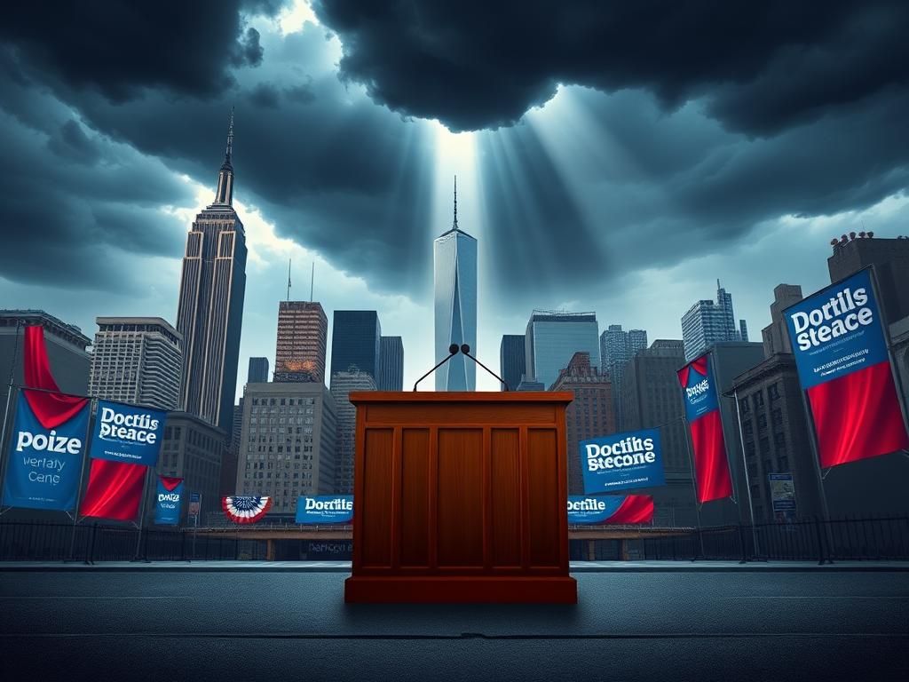 Flick International A stylized representation of the New York City skyline with the Empire State Building and One World Trade Center, featuring an empty podium and political campaign materials.