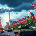 Flick International Vibrant military parade in downtown Washington D.C. celebrating the Army's 250th anniversary with American flags and iconic monuments in the background