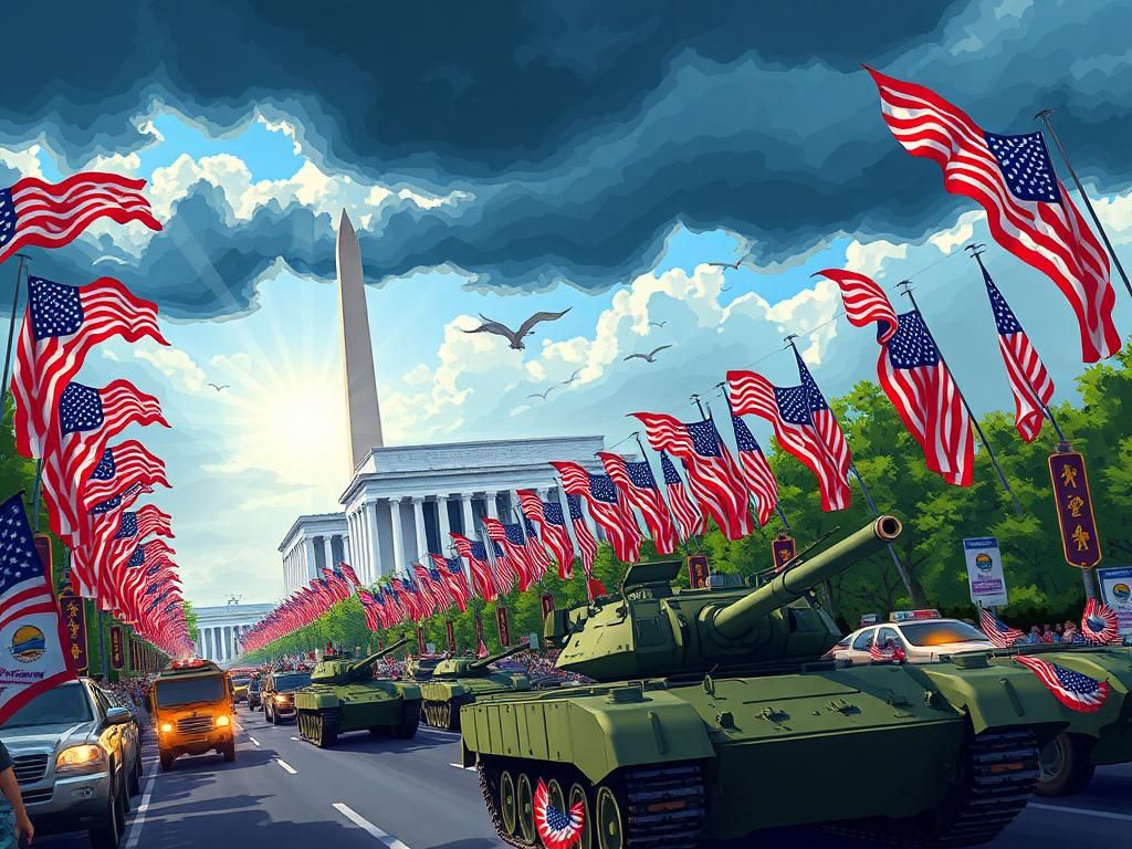 Flick International Vibrant military parade in downtown Washington D.C. celebrating the Army's 250th anniversary with American flags and iconic monuments in the background