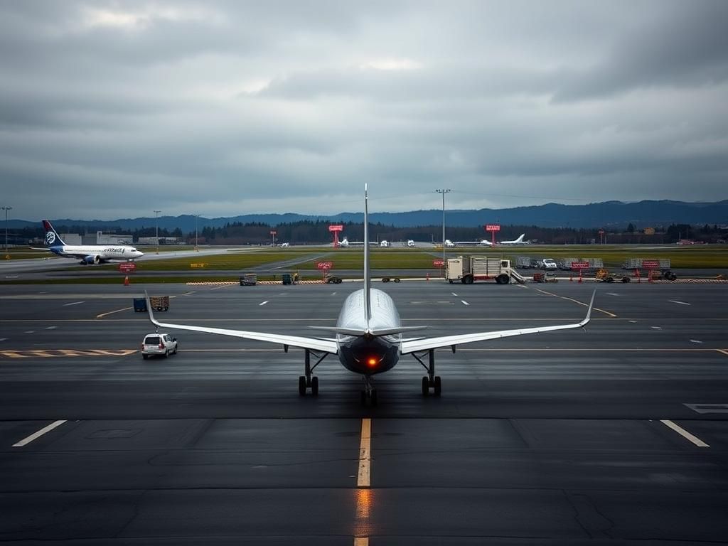 Flick International Deserted runway at Seattle-Tacoma International Airport with a grounded Alaska Airlines aircraft and police presence