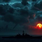 Flick International Dramatic nighttime skyline of Tehran with explosions and naval ship silhouette