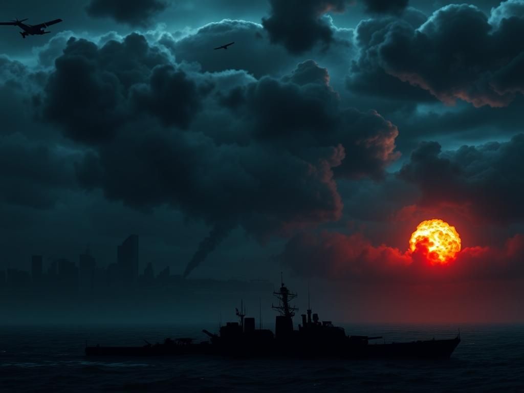 Flick International Dramatic nighttime skyline of Tehran with explosions and naval ship silhouette