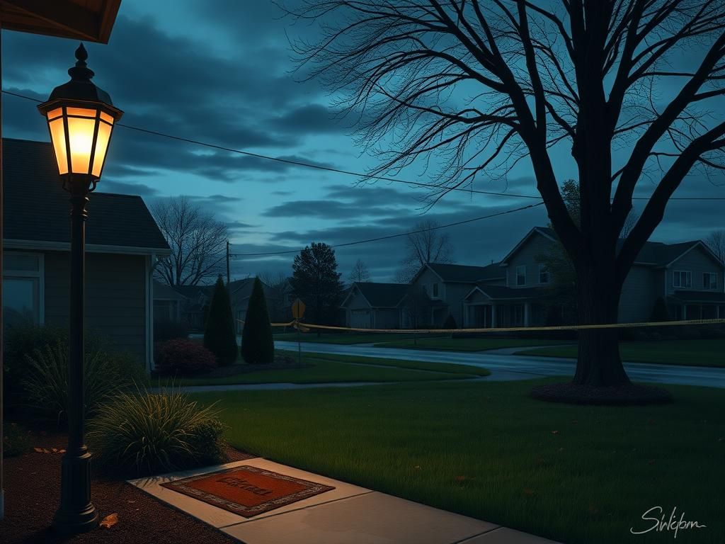 Flick International A quiet suburban Minnesota home illuminated by a flickering streetlamp, symbolizing community safety disrupted by violence