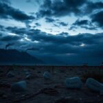 Flick International Dramatic landscape of the Iranian countryside at dusk, featuring mountains and symbols of oppression