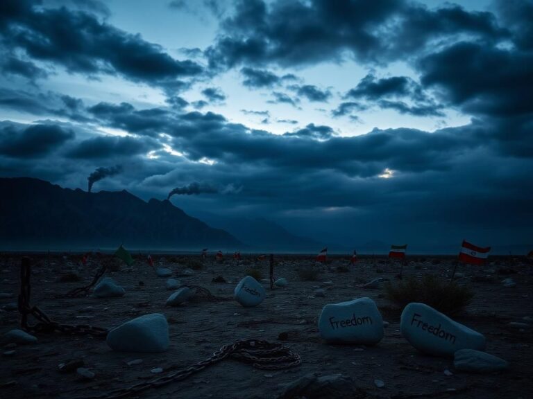 Flick International Dramatic landscape of the Iranian countryside at dusk, featuring mountains and symbols of oppression