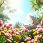 Flick International A serene nature scene with a blooming garden and a vintage-style baby carriage symbolizing new beginnings