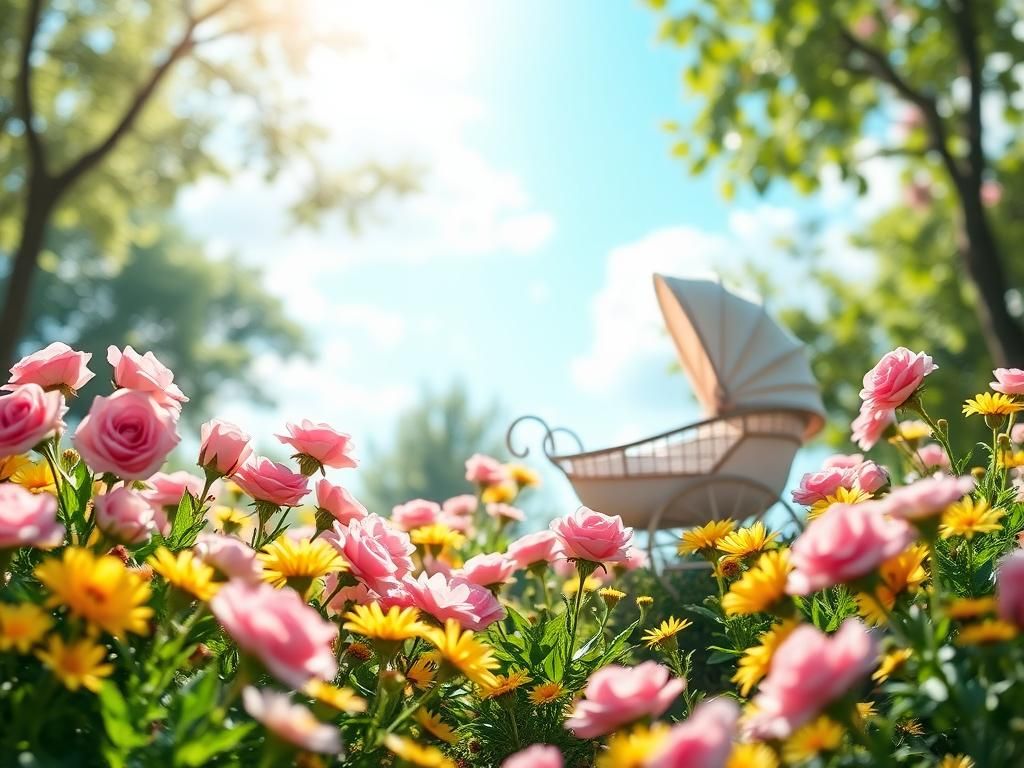 Flick International A serene nature scene with a blooming garden and a vintage-style baby carriage symbolizing new beginnings