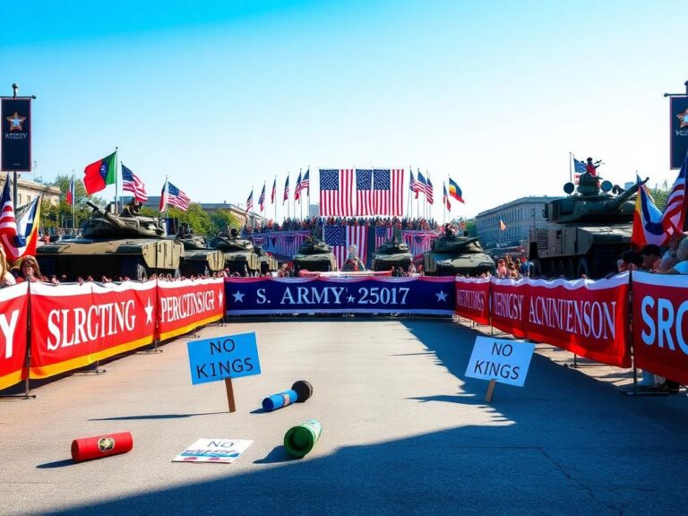 Flick International A vibrant scene from the U.S. Army's 250th anniversary celebration parade featuring armored vehicles and American flags.