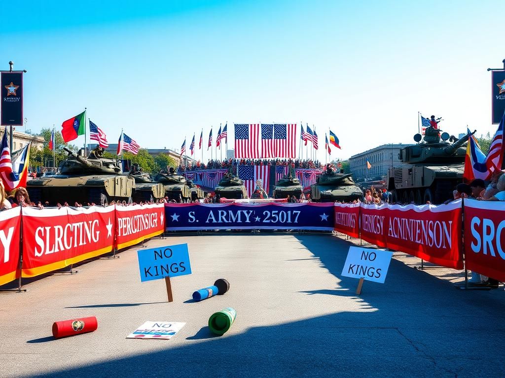 Flick International A vibrant scene from the U.S. Army's 250th anniversary celebration parade featuring armored vehicles and American flags.