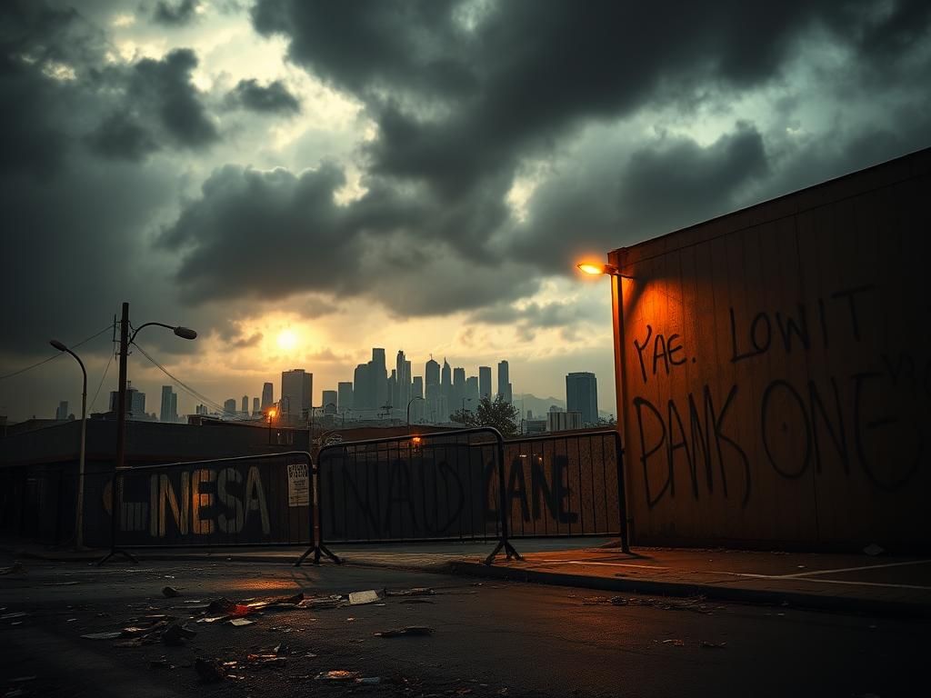 Flick International Stormy urban scene in Los Angeles depicting chaos and unrest