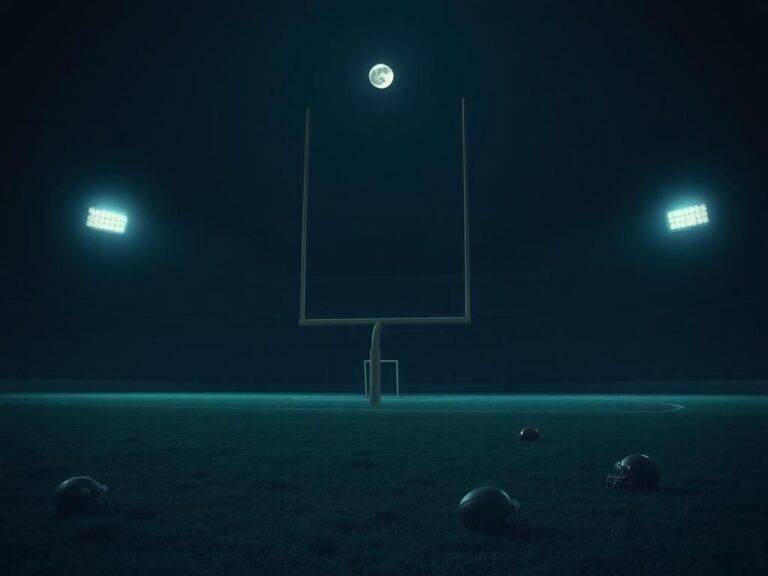 Flick International Dimly lit empty football stadium under glowing lights symbolizing retirement