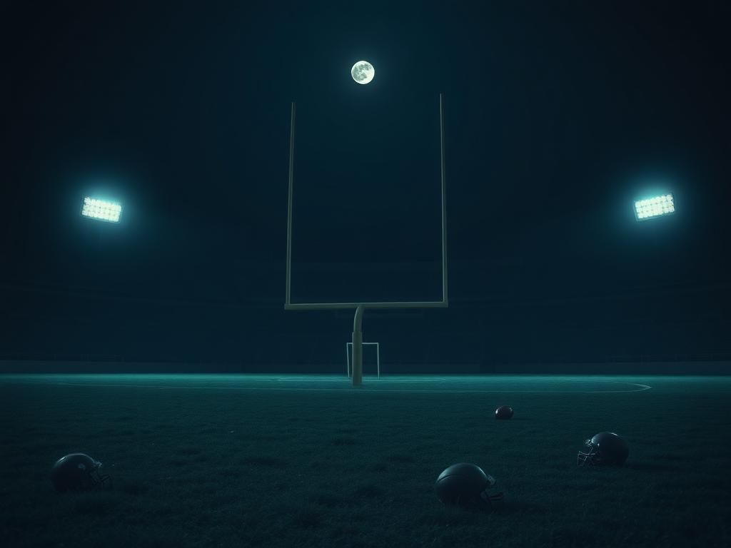 Flick International Dimly lit empty football stadium under glowing lights symbolizing retirement