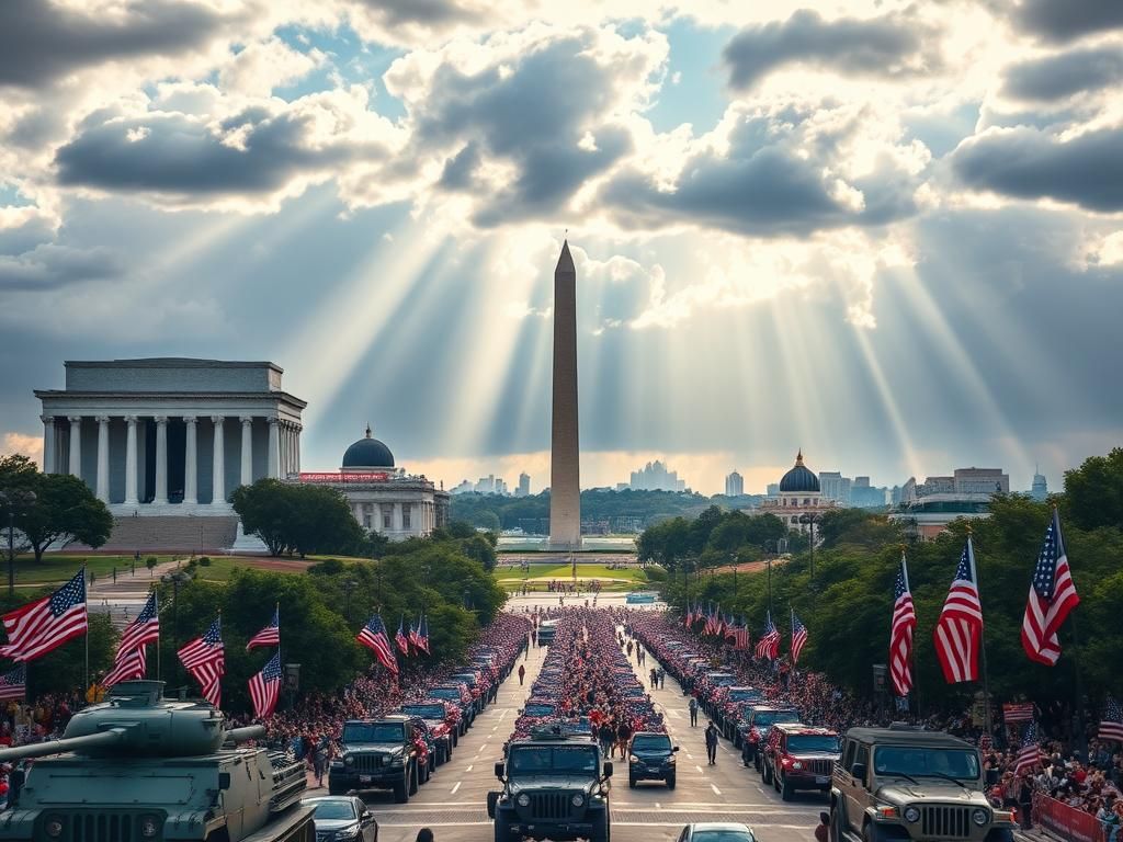 Flick International Aerial view of downtown Washington D.C. during a military parade with patriotic displays and storm clouds