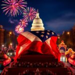 Flick International Colorful fireworks illuminate the U.S. Army's 250th anniversary parade with a large U.S. flag in the foreground
