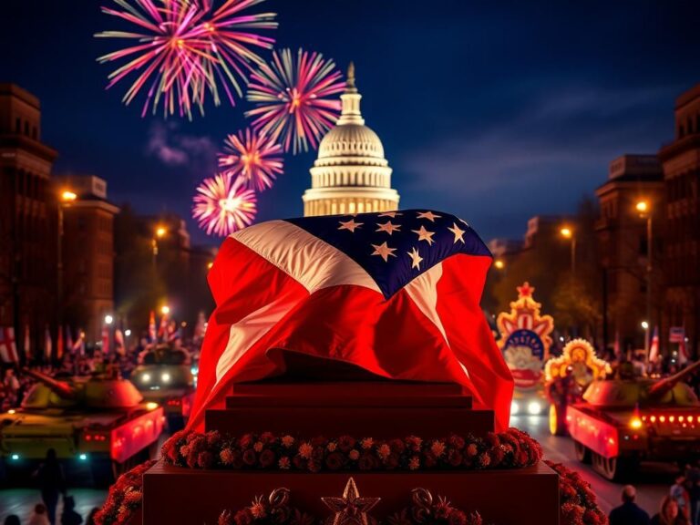 Flick International Colorful fireworks illuminate the U.S. Army's 250th anniversary parade with a large U.S. flag in the foreground