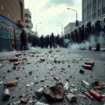 Flick International Aftermath of a protest in downtown Los Angeles featuring shattered glass and police presence