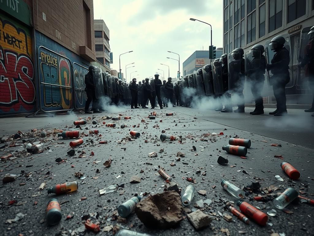 Flick International Aftermath of a protest in downtown Los Angeles featuring shattered glass and police presence