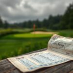 Flick International Close-up view of a weathered golf scorecard on a wooden bench with high scores and a note saying 'Pretty Average'