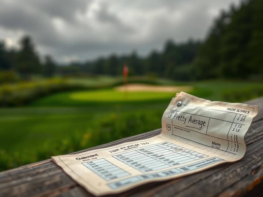 Flick International Close-up view of a weathered golf scorecard on a wooden bench with high scores and a note saying 'Pretty Average'