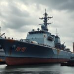 Flick International North Korea warship 'Kang Kon' upright in water at Rajin shipyard