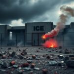 Flick International Chaotic scene outside the Portland ICE facility with debris and smoke from recent riots