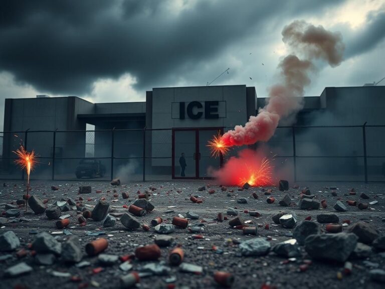 Flick International Chaotic scene outside the Portland ICE facility with debris and smoke from recent riots