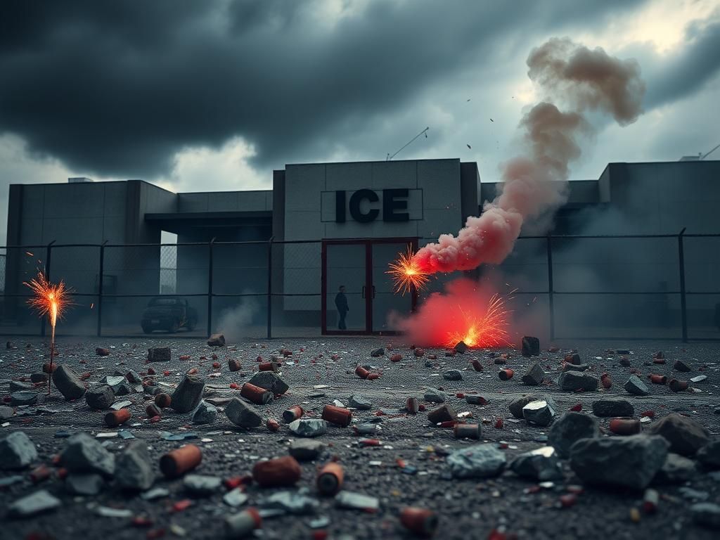 Flick International Chaotic scene outside the Portland ICE facility with debris and smoke from recent riots