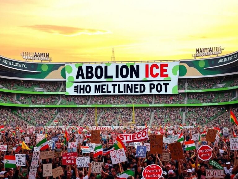 Flick International Large, colorful anti-ICE banner displayed at an Austin FC soccer match