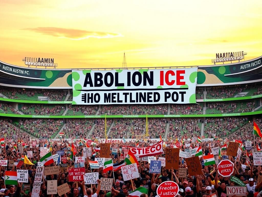 Flick International Large, colorful anti-ICE banner displayed at an Austin FC soccer match
