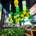 Flick International Palmeiras fans celebrating in Times Square with green scarves and flags