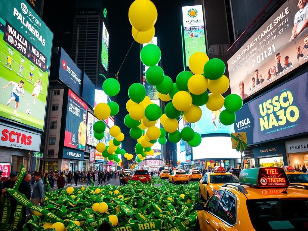 Flick International Palmeiras fans celebrating in Times Square with green scarves and flags