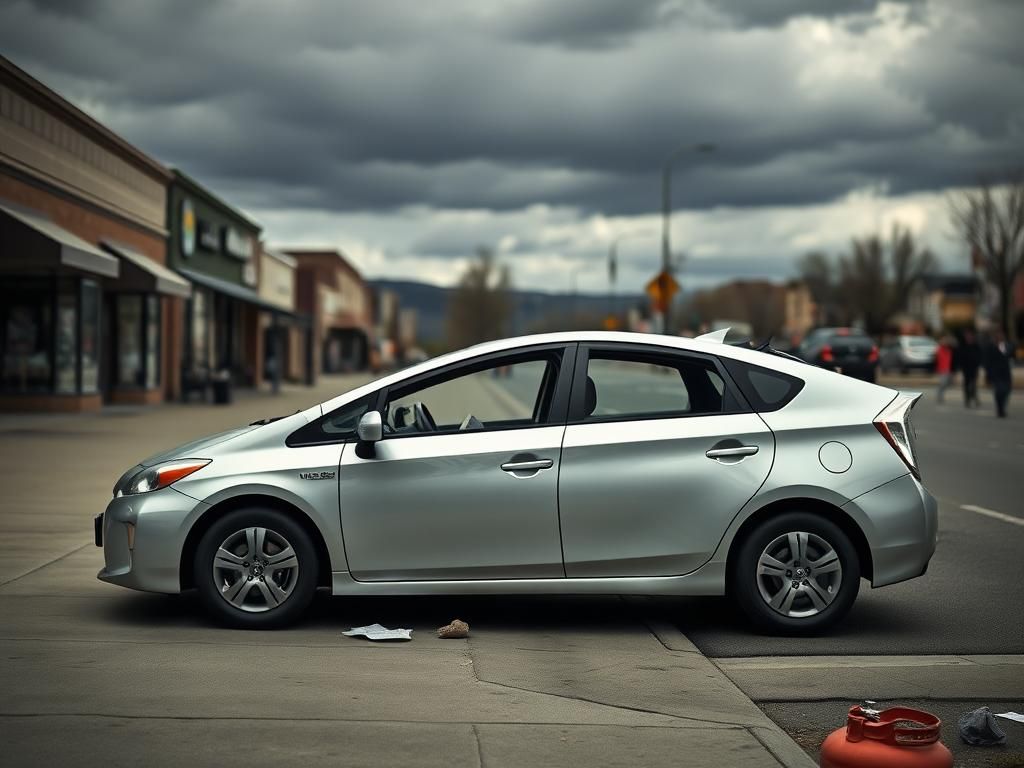 Flick International Silver Toyota Prius parked on a desolate street in Boulder, Colorado, with USAID paperwork visible inside
