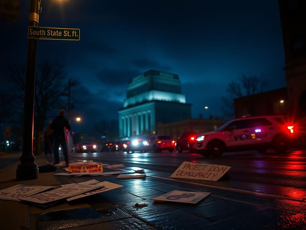 Flick International Dimly lit street sign on South State Street near the Federal Building after a protest in Salt Lake City