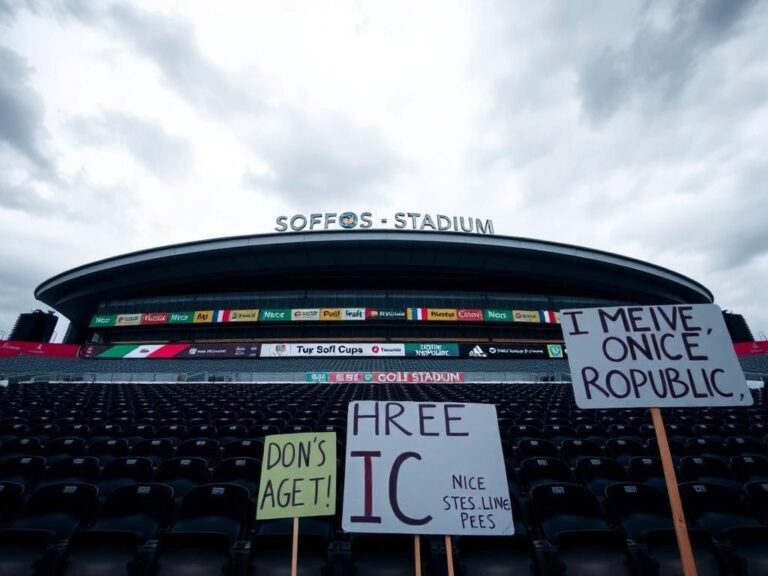 Flick International A dramatic exterior view of SoFi Stadium with protest signs against ICE in the foreground