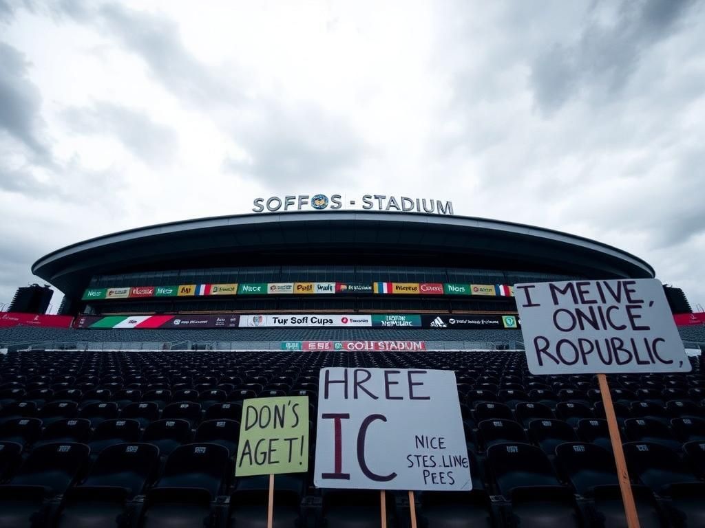 Flick International A dramatic exterior view of SoFi Stadium with protest signs against ICE in the foreground