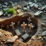 Flick International Archaeological discovery of an Ancient Christian tomb complex in Syria's Idlib province, showcasing weathered stone crosses and remnants of ancient pottery.